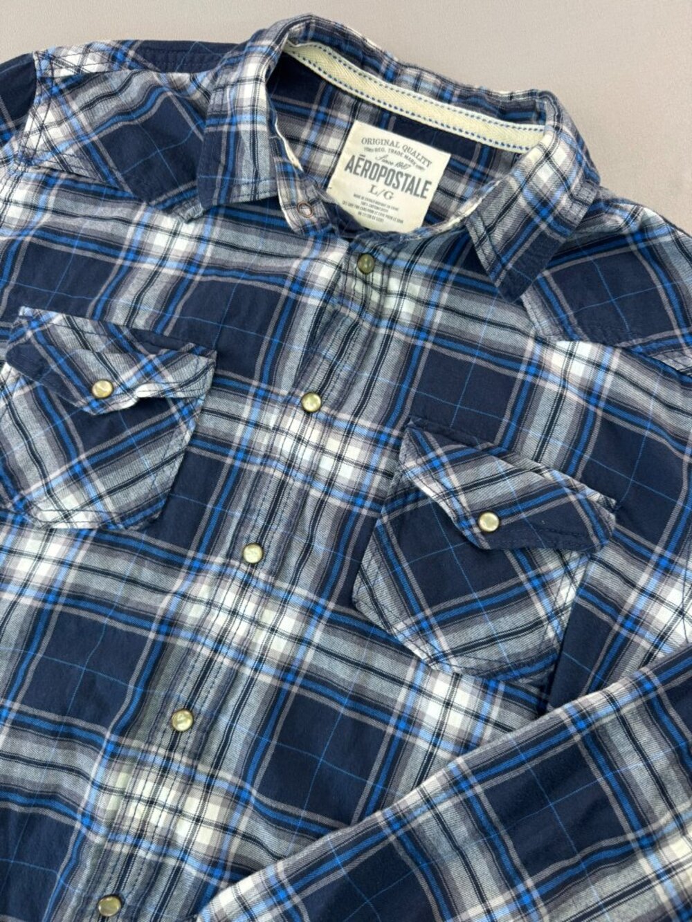 Aéropostale Men's L Blue White Plaid Long Sleeve Pearl Snap Western Rodeo Texas